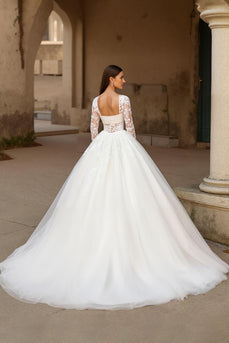 Ivory Tulle Ball Gown Sweep Train Wedding Dress with Sleeves