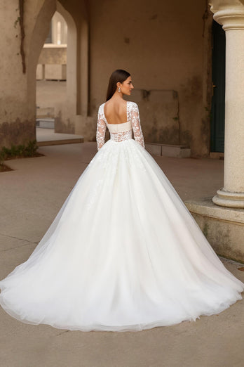 Ivory Tulle Ball Gown Sweep Train Wedding Dress with Sleeves