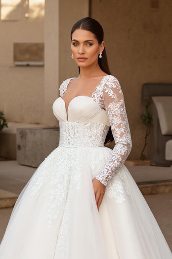 Ivory Tulle Ball Gown Sweep Train Wedding Dress with Sleeves