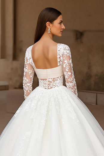 Ivory Tulle Ball Gown Sweep Train Wedding Dress with Sleeves