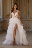 Load image into Gallery viewer, Ivory Tulle A Line Ruffled Tiered Sweep Train Wedding Dress with Slit