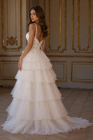 Load image into Gallery viewer, Ivory Tulle A Line Ruffled Tiered Sweep Train Wedding Dress with Slit