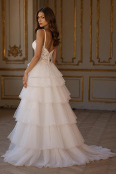 Ivory Tulle A Line Ruffled Tiered Sweep Train Wedding Dress with Slit