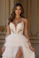 Load image into Gallery viewer, Ivory Tulle A Line Ruffled Tiered Sweep Train Wedding Dress with Slit