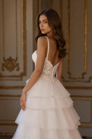 Load image into Gallery viewer, Ivory Tulle A Line Ruffled Tiered Sweep Train Wedding Dress with Slit