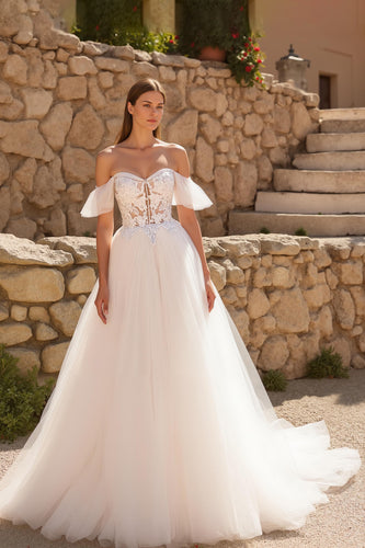 Ivory Off the Shoulder Tulle Sweep Train Wedding Dress with Lace
