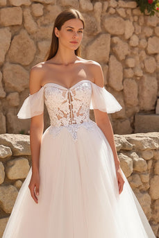 Ivory Off the Shoulder Tulle Sweep Train Wedding Dress with Lace