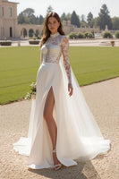 Load image into Gallery viewer, Ivory Long Sleeves High Neck Sweep Train Wedding Dress with Slit