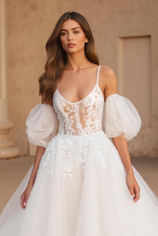 Ivory Spaghetti Straps Ball Gown Sweep Train Wedding Dress with Lace