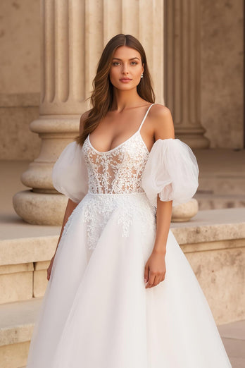 Ivory Spaghetti Straps Ball Gown Sweep Train Wedding Dress with Lace