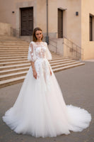 Load image into Gallery viewer, Ivory A Line Bateau Neck Sweep Train Floral Wedding Dress with Sleeves