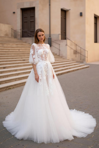 Ivory A Line Bateau Neck Sweep Train Floral Wedding Dress with Sleeves