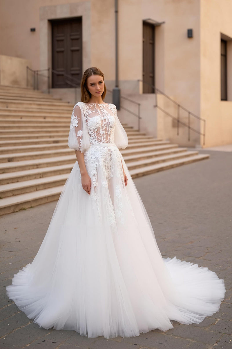 Load image into Gallery viewer, Ivory A Line Bateau Neck Sweep Train Floral Wedding Dress with Sleeves