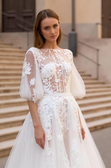 Ivory A Line Bateau Neck Sweep Train Floral Wedding Dress with Sleeves
