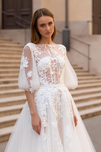 Ivory A Line Bateau Neck Sweep Train Floral Wedding Dress with Sleeves