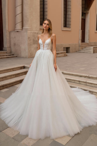 Ivory Spaghetti Straps A Line Backless Sweep Train Wedding Dress with Lace