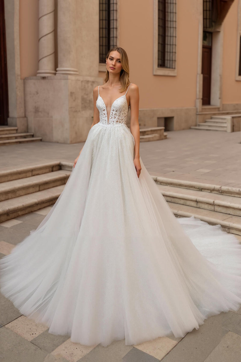 Load image into Gallery viewer, Ivory Spaghetti Straps A Line Backless Sweep Train Wedding Dress with Lace