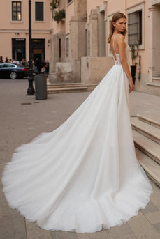 Ivory Spaghetti Straps A Line Backless Sweep Train Wedding Dress with Lace