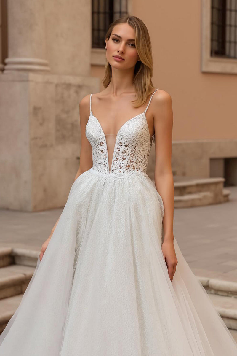 Load image into Gallery viewer, Ivory Spaghetti Straps A Line Backless Sweep Train Wedding Dress with Lace