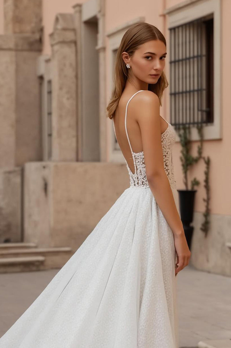 Load image into Gallery viewer, Ivory Spaghetti Straps A Line Backless Sweep Train Wedding Dress with Lace