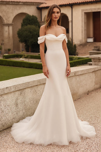 Simple Ivory Off the Shoulder Mermaid Sweep Train Wedding Dress