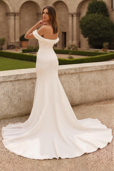 Simple Ivory Off the Shoulder Mermaid Sweep Train Wedding Dress