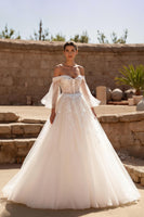 Load image into Gallery viewer, Ivory Tulle Off the Shoulder Ball Gown Sweep Train Wedding Dress with Sleeves