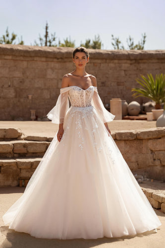 Ivory Tulle Off the Shoulder Ball Gown Sweep Train Wedding Dress with Sleeves
