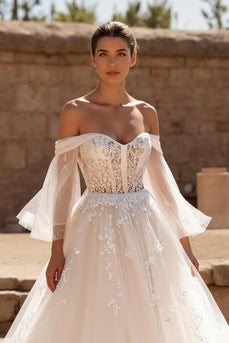 Ivory Tulle Off the Shoulder Ball Gown Sweep Train Wedding Dress with Sleeves