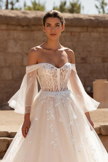 Ivory Tulle Off the Shoulder Ball Gown Sweep Train Wedding Dress with Sleeves