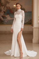 Load image into Gallery viewer, Ivory High Neck Long Sleeves Sweep Train Vintage Wedding Dress with Slit