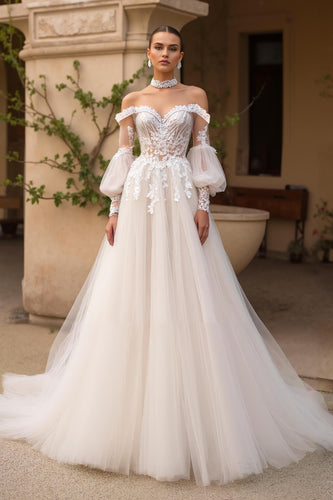 Ivory Tulle Off the Shoulder Sweep Train Wedding Dress with Sleeves