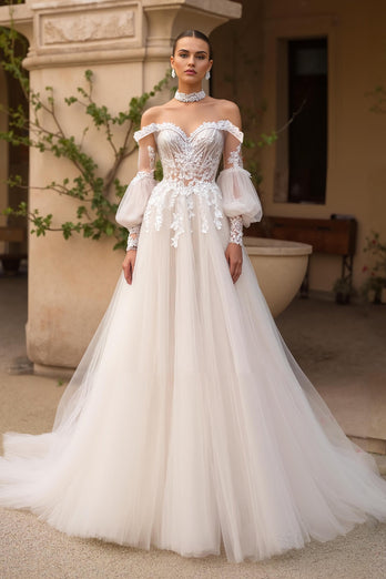 Ivory Tulle Off the Shoulder Sweep Train Wedding Dress with Sleeves