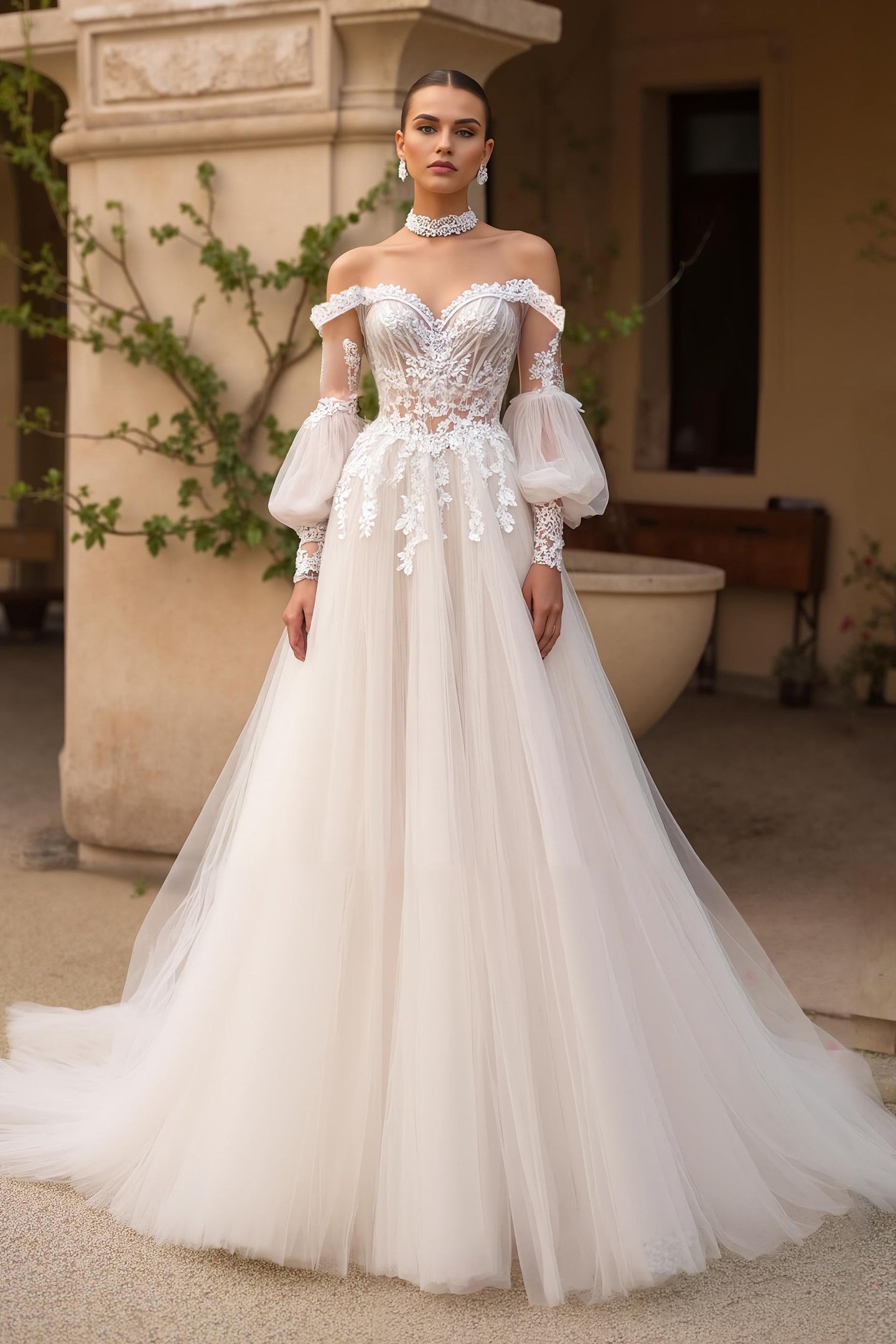 Ivory Tulle Off the Shoulder Sweep Train Wedding Dress with Sleeves
