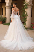 Load image into Gallery viewer, Ivory Tulle Off the Shoulder Sweep Train Wedding Dress with Sleeves