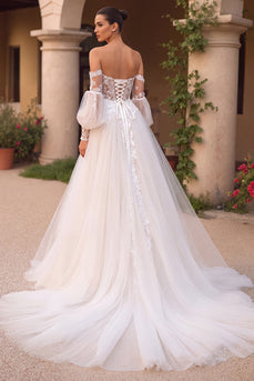 Ivory Tulle Off the Shoulder Sweep Train Wedding Dress with Sleeves