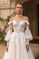 Load image into Gallery viewer, Ivory Tulle Off the Shoulder Sweep Train Wedding Dress with Sleeves