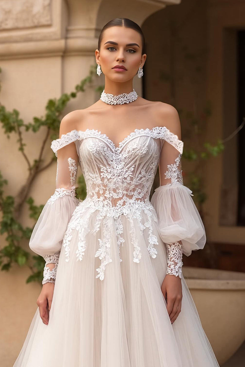 Load image into Gallery viewer, Ivory Tulle Off the Shoulder Sweep Train Wedding Dress with Sleeves