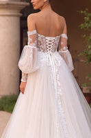 Load image into Gallery viewer, Ivory Tulle Off the Shoulder Sweep Train Wedding Dress with Sleeves