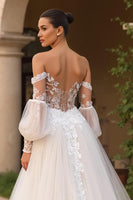 Load image into Gallery viewer, Ivory Tulle Off the Shoulder Sweep Train Wedding Dress with Sleeves