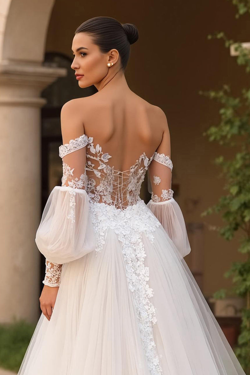 Load image into Gallery viewer, Ivory Tulle Off the Shoulder Sweep Train Wedding Dress with Sleeves