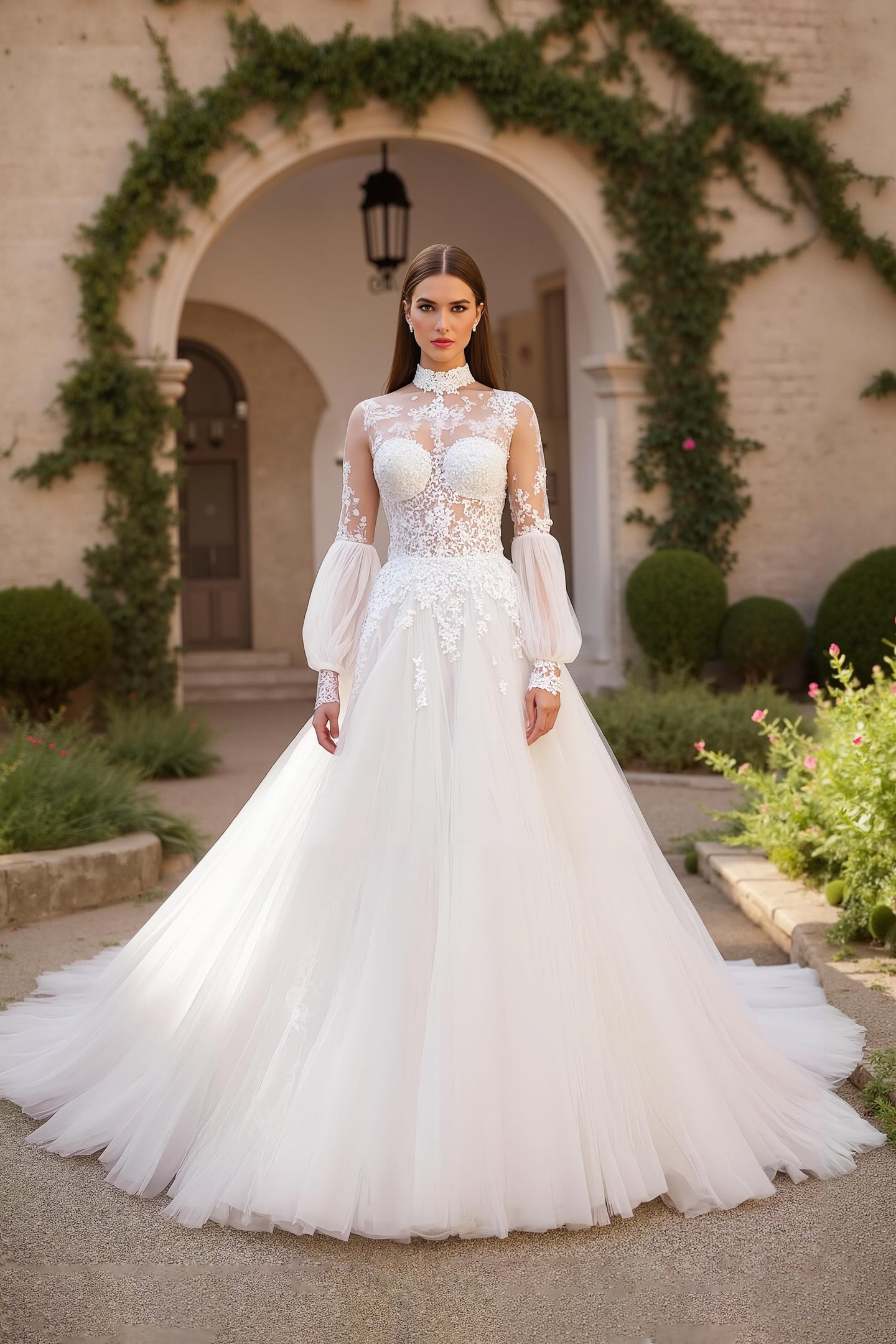Ivory Tulle High Neck Ball Gown Sweep Train Wedding Dress with Lace