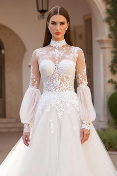 Ivory Tulle High Neck Ball Gown Sweep Train Wedding Dress with Lace