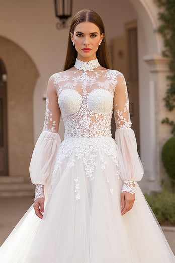 Ivory Tulle High Neck Ball Gown Sweep Train Wedding Dress with Lace