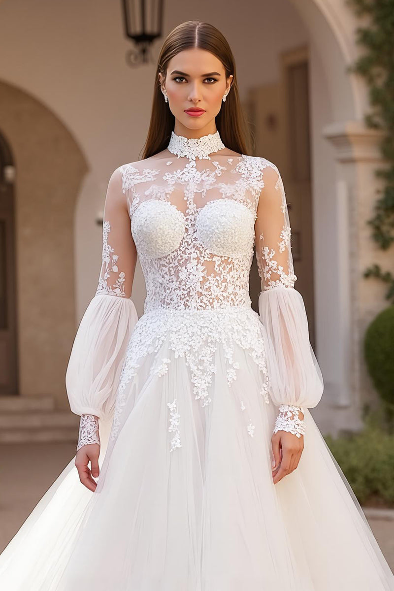 Load image into Gallery viewer, Ivory Tulle High Neck Ball Gown Sweep Train Wedding Dress with Lace
