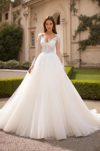 Ivory Tulle V-Neck Sweep Train Ball Gown Wedding Dress with Lace