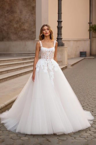 Ivory Square Neck Tulle Ball Gown Sweep Train Wedding Dress with Lace