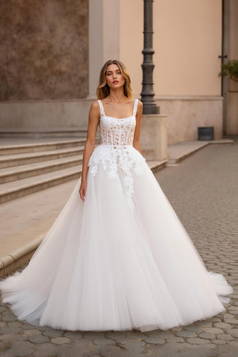 Ivory Square Neck Tulle Ball Gown Sweep Train Wedding Dress with Lace