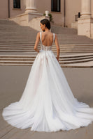 Load image into Gallery viewer, Ivory Square Neck Tulle Ball Gown Sweep Train Wedding Dress with Lace
