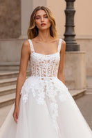 Load image into Gallery viewer, Ivory Square Neck Tulle Ball Gown Sweep Train Wedding Dress with Lace